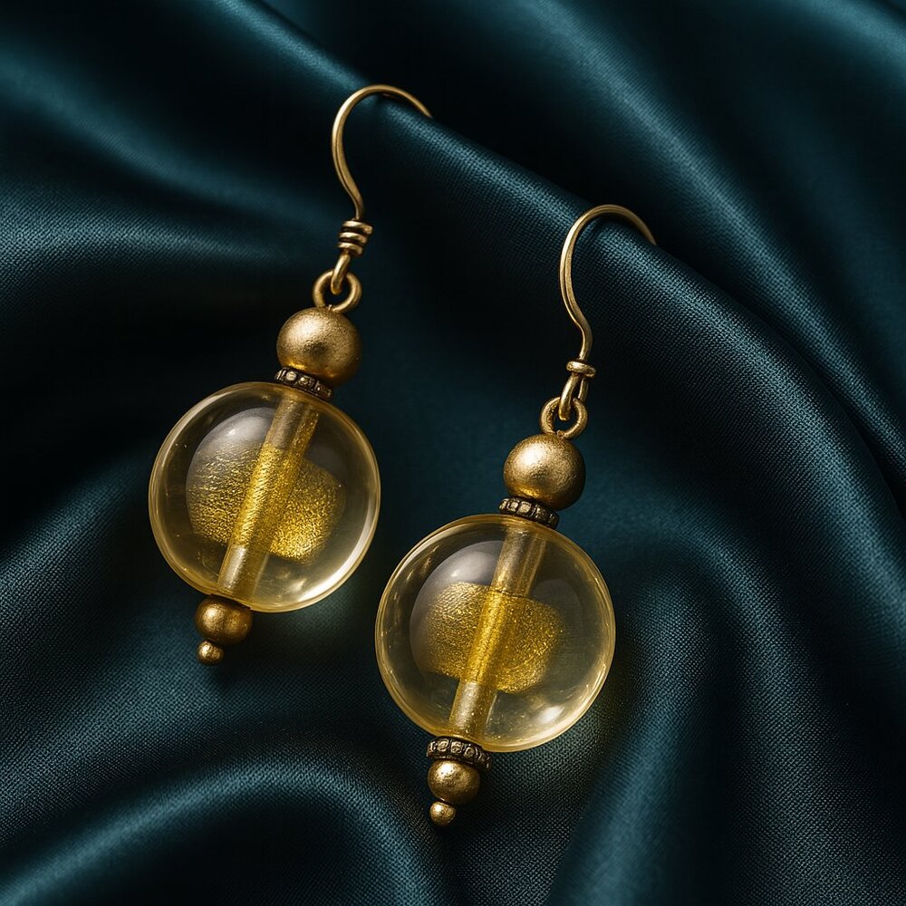 Gold Foil Murano Glass Drop Earrings – Hypoallergenic Brass Hook Jewelry